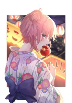 Rule 34 | 1girl, alternate costume, alternate hairstyle, candy apple, cropped torso, eating, festival, food, food in mouth, from behind, hair bun, holding, holding candy apple, holding food, japanese clothes, kimono, lantern, light (lightpicture33), long sleeves, looking at viewer, looking back, night, obi, open mouth, orange eyes, outdoors, paper lantern, pink hair, print kimono, profile, sash, short hair, single hair bun, single side bun, solo, upper body, white background, yahari ore no seishun lovecome wa machigatteiru., yuigahama yui