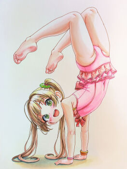 1girl :d absurdres bare_legs bare_shoulders barefoot blonde_hair blush contortion covered_navel feet flat_chest flexible frilled_leotard frills full_body green_eyes hair_ornament hair_scrunchie handstand highres idolmaster idolmaster_cinderella_girls legs leotard loli long_hair looking_at_viewer open_mouth partially_visible_vulva pink_leotard red_ribbon ribbon scorpion_pose scrunchie simple_background sleeveless smile soles solmyr2000 solo toes twintails wristband yokoyama_chika