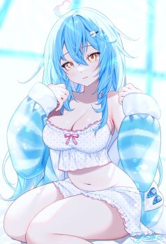 1girl ahoge aqua_jacket armpit_crease bare_shoulders blue_hair blush breasts camisole cleavage collarbone commentary_request elf fur-trimmed_jacket fur-trimmed_sleeves fur_trim hair_between_eyes hair_ornament heart heart_ahoge highres hololive indoors jacket large_breasts midriff navel official_alternate_costume official_alternate_hair_length official_alternate_hairstyle parted_lips pointy_ears polka_dot polka_dot_camisole polka_dot_skirt shi_jila skirt sleepwear solo stomach tears virtual_youtuber white_camisole white_skirt yellow_eyes yukihana_lamy yukihana_lamy_(roomwear)
