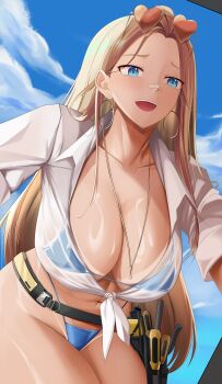 1girl absurdres bandaid bandaid_on_face bandaid_on_nose bikini bikini_tan blonde_hair blue_bikini blue_eyes blue_sky breasts centi_(nikke) centi_(ocean_repair)_(nikke) cleavage cloud collarbone commentary cowboy_shot day dutch_angle eyewear_on_head glint goddess_of_victory:_nikke heart heart-shaped_eyewear highleg highleg_bikini highres jewelry large_breasts leaning_forward long_hair navel necklace official_alternate_costume open_mouth parted_bangs screwdriver see-through_clothes shirt sky solo standing stomach sunglasses swimsuit tan tanline teeth thong_bikini tied_shirt toolbox tools upper_teeth_only white_shirt wrench zdj