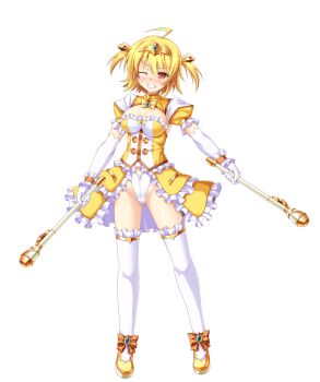 1girl ahoge amagi_nao aoi_masami arty_flare blonde_hair blush breasts chest_jewel cleavage clenched_teeth dress dual_wielding elbow_gloves frills full_body game_cg genderswap genderswap_(mtf) gloves highres holding jewelry large_breasts large_variant_set leotard looking_at_viewer magical_girl non-web_source official_art one_eye_closed puffy_short_sleeves puffy_sleeves red_eyes short_hair short_sleeves showgirl_skirt solo standing teeth thighhighs tiara transparent_background ts_magical_girl_nao twintails two_side_up variant_set white_gloves white_thighhighs