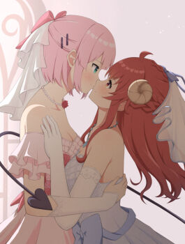 Rule 34 | 2girls, bare shoulders, blue dress, braid, bridal veil, chiyoda momo, closed mouth, commentary request, commission, curled horns, demon horns, demon tail, dress, elbow gloves, eye contact, gloves, green eyes, half up braid, highres, horns, jewelry, kiss, long hair, looking at another, machikado mazoku, multiple girls, necklace, pink background, pink dress, pink hair, red eyes, red hair, short hair, skeb commission, smile, tail, twinklemelon, veil, wedding dress, white gloves, wife and wife, yoshida yuuko, yuri