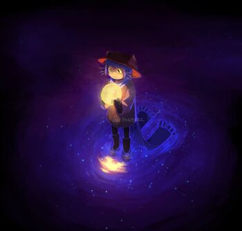 Rule 34 | 1other, absurdres, animal hat, black eyes, blue scarf, bob cut, boots, cat hat, colored sclera, commentary, dress, english commentary, from above, full body, glowing, hat, highres, holding orb, niko (oneshot), oneshot (game), purple dress, purple hair, scarf, short hair, solo, standing, starry sky print, toebeez, wading, whiskers, yellow sclera