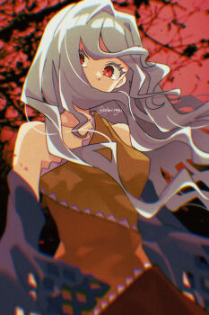 Rule 34 | 1girl, bare shoulders, black sleeves, breasts, brown dress, collarbone, commentary request, covered mouth, detached sleeves, dress, floating hair, hair intakes, highres, katsuragi atori, long hair, looking at viewer, medium breasts, multicolored dress, orange dress, red eyes, sakata nemuno, single strap, solo, touhou, twitter username, upper body, yellow dress