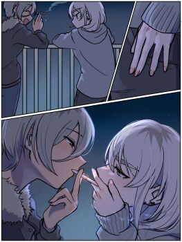 2girls ayataka_syumimi brown_eyes cigarette_kiss drunk earclip girls_band_cry grey_eyes grey_hair highres kawaragi_momoka long_hair multicolored_hair multiple_girls railing roots_(hair) rupa_(girls_band_cry) sidelocks smoking textless_version yuri