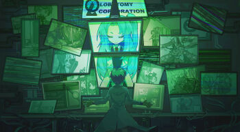 2boys 3girls absurdres angela_(project_moon) ayin_(project_moon) black_hair black_vest blue_hair closed_eyes closed_mouth collared_shirt commentary_request disembowelment employee_(project_moon) funeral_of_the_dead_butterflies guro highres lab_coat little_red_riding_hooded_mercenary lobotomy_corporation long_hair long_sleeves malkuth_(project_moon) monitor mountain_of_smiling_bodies multiple_boys multiple_girls multiple_monitors necktie nugget_(project_moon) open_mouth outstretched_arms project_moon punishing_bird red_necktie ribbed_sweater shirt short_hair side_ponytail sweater the_burrowing_heaven turtleneck turtleneck_sweater vest white_shirt xiaoxiuxilanhua yesod_(project_moon)