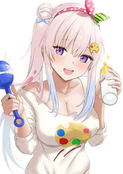 Rule 34 | 1girl, absurdres, airani iofifteen, airani iofifteen (1st costume), azure adler, baby bottle, blue bow, blue hair, bottle, bow, bow hairband, breasts, cleavage, commentary, covered erect nipples, english commentary, gradient hair, green hairband, hair bow, hair bun, hairband, highres, holding, holding bottle, holding rattle, hololive, hololive indonesia, large breasts, long hair, long sidelocks, long sleeves, looking at viewer, multicolored hair, multicolored hairband, open mouth, palette hair ornament, palette print, pink hair, pink hairband, polka dot hairband, purple eyes, rattle, shirt, side ponytail, sidelocks, simple background, solo, sparkle, sweater, upper body, virtual youtuber, white background, white hair, white sweater