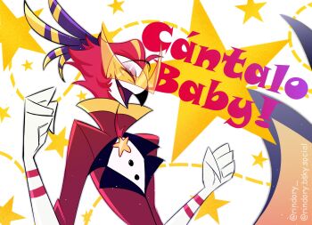 1boy feathers formal_clothes glasses gloves hair_slicked_back happy hellaverse helluva_boss highres parrot_boy purple_feathers red_hair red_suit rindory solo spanish_text star_(symbol) suit vassago_(helluva_boss) white_gloves