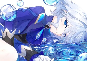 1girl ascot blue_ascot blue_eyes blue_gem blue_hair blue_jacket blue_pupils drop-shaped_pupils eyes_visible_through_hair furina_(genshin_impact) gem genshin_impact gloves hair_intakes hashtag-only_commentary heterochromia highres jacket long_sleeves looking_at_viewer lying mismatched_pupils multicolored_hair on_side open_mouth owl_5151 ripples short_hair signature smile solo streaked_hair symbol-shaped_pupils water white_background white_gloves white_hair