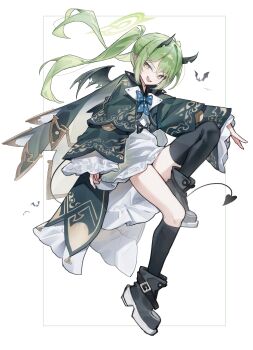 1girl absurdres alternate_costume asymmetrical_legwear black_horns black_tail black_wings blue_archive demon_horns demon_wings fang green_hair green_halo hair_ornament hairclip halo highres horns huu_(dighapdlxm12) kneehighs long_hair long_sleeves looking_at_viewer mismatched_legwear nozomi_(blue_archive) open_mouth pointy_ears revision single_kneehigh single_sock single_thighhigh skin_fang smile socks solo thighhighs twintails white_background wings yellow_eyes
