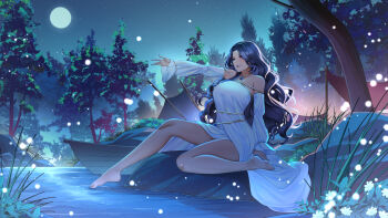 1girl absurdres artist_request bare_shoulders barefoot black_hair dress flower full_moon grass highres long_hair moon night night_sky nijisanji nijisanji_en open_mouth red_eyes rock scarle_yonaguni sky smile solo tree virtual_youtuber water white_dress white_flower white_sleeves