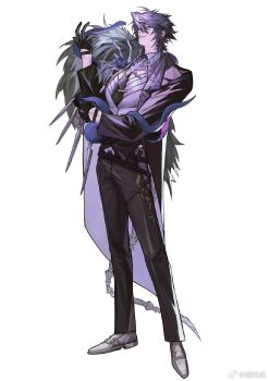 1boy black_gloves black_jacket black_necktie black_pants blue_eyes blue_flower blue_rose braid brooch cape chinese_commentary cleavage_cutout clothing_cutout collared_shirt dress_shoes earrings flower full_body fur-trimmed_cape fur_trim gloves grey_shoes hair_between_eyes half-closed_eyes half_gloves hand_on_own_elbow hand_up highres jacket jewelry ju_zha_zha lapel_pin lapels long_sleeves looking_at_viewer male_focus medium_hair necktie notched_lapels open_clothes open_jacket pants parted_lips pectorals purple_cape purple_hair purple_vest rose shirt shoes side_braid side_cape sideways_glance simple_background skeletal_tail smirk snake snake_wrapped_around_arm snake_wrapped_around_body solo standing stud_earrings tail thigh_strap tie_clip vest welcome_to_dreamland white_background