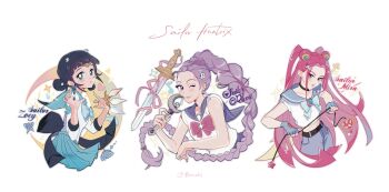 Rule 34 | 3girls, bishoujo senshi sailor moon, black hair, blue eyes, blue skirt, blunt bangs, blush, bow, bowtie, braid, braided ponytail, branchii4, choker, circlet, commentary, denim, earrings, highres, holding, holding wand, jeans, jewelry, kpop demon hunters, long hair, mira (kpop demon hunters), multiple girls, one eye closed, pants, pink hair, purple hair, rumi (kpop demon hunters), sailor collar, sailor senshi uniform, short bangs, sidelocks, simple background, skirt, twitter username, wand, white background, zoey (kpop demon hunters)