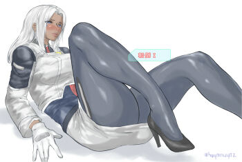 1girl black_shoes blue_eyes blush dark-skinned_female dark_skin elma_(xenoblade_x) embarrassed gloves high_heels jacket long_sleeves lying monolith_soft on_back pantyhose shoes skirt thighs white_gloves white_hair white_skirt xeno_(series) xenoblade_chronicles_(series) xenoblade_chronicles_x yuzuriha_caruru