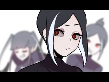 black_shirt cleavage_cutout clothing_cutout long_hair lowres monster_girl orca_girl pale_skin potta_ka red_eyes shirt short_hair teeth white_background