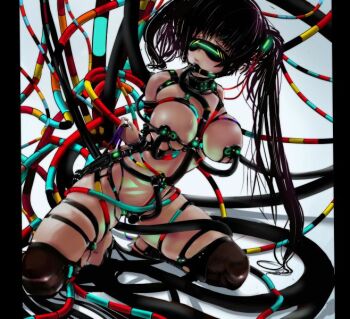 1girl arms_behind_back bad_anatomy bdsm black_hair blindfold bondage bound breasts female_focus gag kneeling long_hair machine original pipelining solo thighhighs yamao0920