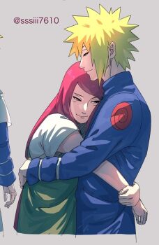 Rule 34 | 1boy, 1girl, blonde hair, blue jacket, couple, cropped torso, dress, green dress, hair between eyes, hair ornament, hairclip, hetero, hug, jacket, light blush, light smile, long hair, namikaze minato, naruto (series), red hair, shirt, shirt under dress, short hair, spiked hair, sssiii76102, swept bangs, twitter username, uzumaki kushina, white shirt
