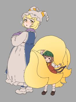 2girls :3 an-chan_(ananna0315) animal_ears blonde_hair blue_tabard blush bow bowtie brown_hair brown_shoes cat_ears cat_girl cat_tail chen child commentary_request dress fox_tail full_body green_hat grey_background hands_in_opposite_sleeves hat hat_with_ears highres kitsune multiple_girls multiple_tails notice_lines one-hour_drawing_challenge open_mouth playing_with_another's_tail red_eyes red_skirt red_vest shirt shoes short_hair skirt socks tabard tail touhou vest white_dress white_shirt yakumo_ran yellow_bow yellow_bowtie yellow_eyes