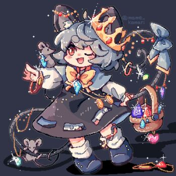 1girl animal_ears black_background black_dress black_shoes bloomers blush coin crown dress grey_hair highres long_sleeves mame_komari mouse_ears nazrin one_eye_closed open_mouth pixel_art red_eyes ribbon shoes short_hair smile socks solo touhou underwear white_socks yellow_ribbon