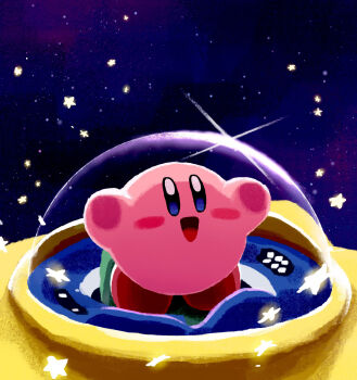 Rule 34 | :d, against glass, aruco co, blue eyes, blush stickers, commentary request, highres, kirby, kirby: right back at ya!, kirby (series), nintendo, no humans, open mouth, outdoors, sky, smile, solo, space, sparkle, star (sky), star (symbol), starry sky, ufo