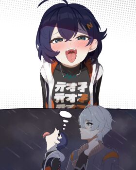 1boy 1girl ahoge belle_(zenless_zone_zero) blush brother_and_sister cardigan crossed_bangs double-parted_bangs furrowed_brow goku_and_vegeta_in_the_rain_(meme) green_eyes grey_hair hair_between_eyes hair_ornament head_back highres hood hood_down hooded_cardigan imagining jacket light_smile looking_at_viewer meme mockingeu open_cardigan open_clothes open_jacket open_mouth outdoors purple_eyes rain shirt short_hair siblings speech_bubble splash_page thought_bubble tongue tongue_out uvula wet wet_clothes wet_face wind wise_(zenless_zone_zero) zenless_zone_zero