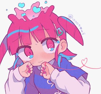 1girl blue_shirt blunt_bangs blush closed_mouth commentary_request hair_ornament hands_up heart heart-shaped_pupils heart_hair_ornament heart_of_string highres indie_utaite layered_sleeves long_sleeves looking_at_viewer mismatched_pupils nail_polish nanawo_akari pink_eyes pink_hair pink_nails renai-no_(nanawo_akari) richard_(richaball) shirt short_hair short_over_long_sleeves short_sleeves simple_background solo striped_clothes striped_shirt sweat symbol-shaped_pupils two_side_up upper_body utaite white_background