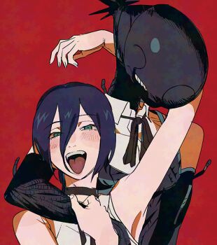 2girls apron arm_up black_apron black_choker black_gloves black_ribbon blue_hair bomb_devil_(chainsaw_man) chainsaw_man choker elbow_gloves gloves green_eyes hair_between_eyes kei_(wa_shoi) looking_at_viewer multiple_girls neck_ribbon object_head open_mouth red_background reze_(chainsaw_man) ribbon shirt simple_background sleeveless sleeveless_shirt teeth