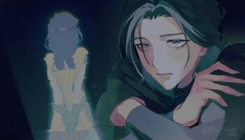 2girls batman batman_(series) black_cape black_hair bodysuit breasts bruce_wayne cape cowl dc_comics genderswap genderswap_(mtf) gloves grey_bodysuit hashtag-only_commentary jason_todd long_hair minjmingg multicolored_bodysuit multiple_girls robin_(dc) simple_background superhero_costume taut_bodysuit two-tone_bodysuit