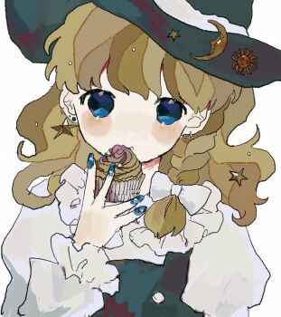 Rule 34 | 1girl, apron, black dress, blonde hair, blue eyes, blush, braid, buttons, crescent, crescent hat ornament, cupcake, dress, earrings, eating, food, frilled sleeves, frills, hair ornament, hair ribbon, hat, hat ornament, highres, holding, holding food, jewelry, juliet sleeves, kirisame marisa, long sleeves, looking at viewer, nail polish, puffy sleeves, ribbon, ribbon braid, shiwaiji, single braid, solo, star (symbol), star hair ornament, star hat ornament, sun hat ornament, touhou, upper body, white background, witch hat