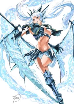 1girl absurdres armor armored_boots armored_dress artist_request black_capelet black_clover blue_hair blue_skirt boots breasts capelet colorized dress female_focus full_body gloves highres holding holding_weapon horns large_breasts legs long_hair microskirt midriff navel no_bra noelle_silva purple_eyes sexually_suggestive simple_background skirt solo solo_focus stomach teeth thighs twintails water weapon white_background wings