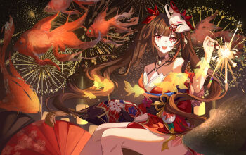 1girl :d absurdres bare_shoulders bow brown_hair carp criss-cross_halter detached_sleeves dress feet_out_of_frame fireworks floating_hair fox_mask hair_bow halterneck hand_up highres holding holding_fireworks honkai:_star_rail honkai_(series) legs_together long_bangs long_hair looking_at_viewer mask mask_on_head nail_polish night o-ring obi open_mouth outdoors pelvic_curtain red_bow red_dress red_eyes red_nails red_sleeves sash short_dress short_sleeves sidelocks sitting sleeveless sleeveless_dress smile solo sparkle_(honkai:_star_rail) sparkler teeth twintails upper_teeth_only xuan_xuan_xuan_za