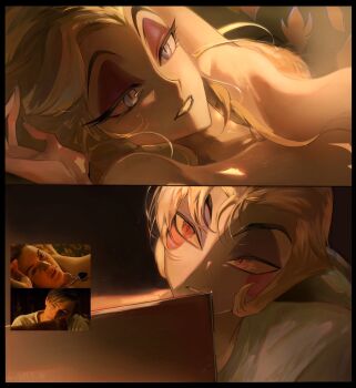 Rule 34 | 1boy, 1girl, avees in, blonde hair, breasts, cleavage, demon boy, demon girl, grey eyes, hazbin hotel, hellaverse, highres, husband and wife, jack dawson, large breasts, lilith (hazbin hotel), lucifer morningstar (hazbin hotel), real life, red eyes, rose dewitt bukater, slit pupils, titanic (movie)