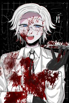 1boy :d aotsuki_eito black_background black_gloves blood blood_on_clothes blood_on_face blue_eyes bone butler commentary_request gem glasses gloves grey_hair half-closed_eyes hand_up highres holding holding_plate jacket looking_at_viewer male_focus muro_(nrvc5252) official_alternate_costume open_mouth plate shirt short_hair smile solo teeth the_hundred_line_-last_defense_academy- towel towel_on_arm upper_body upper_teeth_only variant_set vest white_gem white_jacket white_shirt white_vest