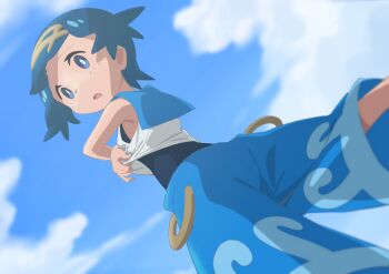 1girl blue_eyes blue_hair blue_pants blurry bright_pupils clothes_lift cloud commentary_request day freckles from_below hairband highres lana_(pokemon) nintendo no_sclera one-piece_swimsuit open_mouth outdoors pants pokemon pokemon_sm shirt shirt_lift short_hair sky sleeveless sleeveless_shirt solo swimsuit swimsuit_under_clothes wave_print white_pupils white_shirt yellow_hairband yusuke_oshida
