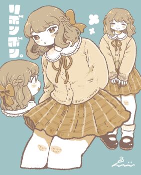Rule 34 | 1girl, :d, :o, aqua background, arm behind back, black shoes, blush, borrowed character, bow, brown bow, brown eyes, brown hair, brown ribbon, brown skirt, closed eyes, commission, cowboy shot, cropped head, cropped legs, dot nose, ebiebi, facing viewer, frilled shirt, frilled shirt collar, frills, from behind, full body, hair bow, highres, leaning forward, legs together, limited palette, long sleeves, looking ahead, looking at viewer, medium hair, miniskirt, open mouth, original, plaid clothes, plaid skirt, ribbon, shirt, shoes, signature, simple background, skeb commission, skirt, smile, socks, solo, standing, thick thighs, thighs, translation request, v arms, wavy hair, white socks, yellow shirt