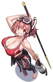 1girl absurdres bare_shoulders bikini black_wetsuit blush breasts cleavage diving_mask ebora goggles harpoon highres kanna_(nyanko_daisensou) large_breasts looking_at_viewer nyanko_daisensou off_shoulder open_mouth pink_hair red_bikini red_eyes short_hair smile snorkel solo swimsuit white_background
