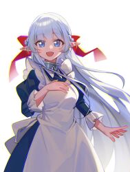 Rule 34 | 1girl, apron, blue dress, blue eyes, breasts, collar, dress, elf, eyebrows hidden by hair, hair ribbon, hand on own chest, highres, large ribbon, long hair, looking at viewer, maid, maid apron, maou no ore ga dorei elf wo yome ni shitanda ga dou medereba ii?, medium breasts, metal collar, nephelia, open mouth, pointy ears, red ribbon, ribbon, simple background, smile, solo, upper body, user cauw7333, very long hair, white apron, white background, white hair