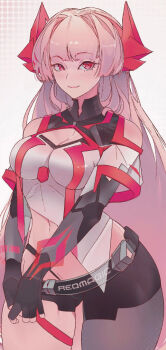 asymmetrical_shirt asymmetrical_shorts bare_shoulders belt black_belt black_gloves breasts buckle cleavage cleavage_cutout closed_mouth clothing_cutout copyright_name cowboy_shot crop_top cropped_shirt elbow_gloves elliemaplefox eyelashes fingerless_gloves fingernails gloves gluteal_fold hair_intakes hair_ornament logo long_hair looking_at_viewer mora_(redmagic) navel official_art own_hands_together pink_hair red_eyes red_shorts redmagic see-through_clothes see-through_shirt see-through_sleeves shirt short_shorts short_sleeves shorts shoulder_cutout skin_tight smile snap-fit_buckle thick_thighs thighs v_arms very_long_hair white_shirt