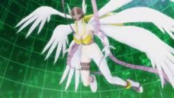 1girl aiming angel_wings angewomon animated armor ass ass_cutout asymmetrical_ass asymmetrical_ass_cutout bandai bandai_namco blonde_hair bodysuit breasts clothing_cutout covered_eyes cowboy_shot digimon digimon_rearise evolution feathers flying half_ass helmet kicking large_breasts leotard long_twintails lovelyangemon navel parted_lips revealing_clothes smile solo sound standing transformation video winged_helmet wings