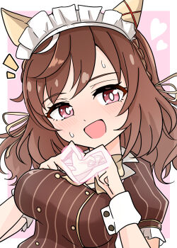 1girl absurdres animal_ears arnolddayo blush bow braid breasts brown_hair brown_shirt buena_vista_(umamusume) commentary_request ear_covers four-finger_heart_hands hair_between_eyes heart heart_hands highres horse_ears horse_girl large_breasts looking_at_viewer medium_hair open_mouth purple_eyes shirt short_sleeves smile solo sweat umamusume upper_body white_headdress wrist_cuffs yellow_bow