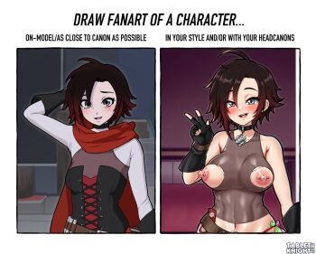 ... 1girl 2023 ahoge alternate_breast_size_(larger) artist_name before_and_after belt blush breasts choker commentary condom dated english_commentary english_text fingerless_gloves gloves grey_eyes hair_between_eyes looking_at_viewer medium_breasts multiple_drawing_challenge navel nipple_piercing nipples on-model_vs_in_your_style_challenge open_mouth piercing ruby_rose rwby short_hair tabletknight teeth tongue torn_clothes used_condom watermark