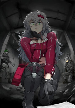 1boy 2girls absurdres black_gloves black_pants breasts bulletproof_vest commentary_request field_radio gloves goddess_of_victory:_nikke grey_hair hair_ornament hairclip highres indoors kneeling large_breasts long_hair long_sleeves midriff multiple_girls ogirin3948 pants paper pointing pointing_down red_shirt ruins shirt solo_focus tactical_clothes yulha_(nikke)