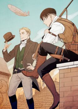 Rule 34 | 2boys, aircraft, alternate universe, arm belt, arm up, black boots, black coat, black hair, black pants, blonde hair, blue eyes, boots, brown vest, chimney, closed mouth, coat, collared coat, commentary request, crossed legs, dagger, dirigible, erwin smith, green vest, grey pants, gun, hand on own hip, hat, highres, holding, holding gun, holding weapon, holster, holstered, ikichi8tkjn, knife, lapels, levi (shingeki no kyojin), long sleeves, male focus, multiple boys, outdoors, pants, rooftop, shingeki no kyojin, shirt, sitting, smile, standing, thigh holster, unworn hat, unworn headwear, vest, weapon, white shirt