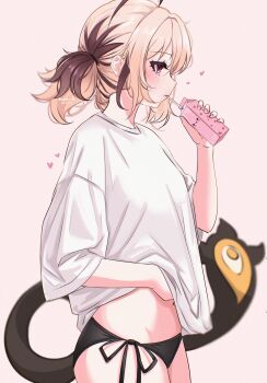 1girl absurdres bikini black_bikini black_tail blonde_hair blush brown_hair commentary drink_carton drinking drinking_straw drinking_straw_in_mouth english_commentary gigi_murin hair_between_eyes hand_on_own_stomach heart heart_background highres holding holding_drink_carton holding_milk_carton hololive hololive_english ketari light_blush milk_carton multicolored_hair nail_polish pink_eyes pink_nails shirt short_hair short_twintails side-tie_bikini_bottom simple_background solo standing strawberry_milk swimsuit tail twintails two-tone_hair virtual_youtuber watermark white_background white_shirt