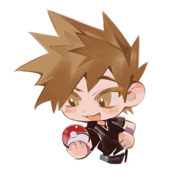 Rule 34 | 1boy, absurdres, black shirt, blue oak, brown eyes, chibi, fiy1827565, hashtag-only commentary, hat, highres, holding, holding poke ball, male focus, nintendo, open mouth, poke ball, pokemon, pokemon frlg, shirt, short hair, simple background, smile, spiked hair, t-shirt, upper body, white background