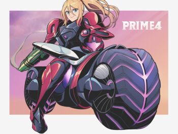 Rule 34 | 1girl, arm cannon, armor, blonde hair, commentary request, copyright name, helmet, high ponytail, highres, holding, holding unworn helmet, metroid, metroid prime 4: beyond, motor vehicle, motorcycle, nintendo, on motorcycle, pechamaju, pink visor, ponytail, power armor, power suit (metroid), samus aran, smile, solo, two-tone armor, unworn headwear, unworn helmet, v-shaped eyebrows, vi-o-la suit, weapon