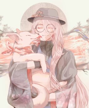 1boy ;d animal black_gloves black_hat black_jacket black_shirt blue_kimono branch carrying child_carry dog dress_shirt facing_viewer fate/grand_order fate_(series) fedora flower glasses gloves grey_eyes hair_between_eyes hair_ribbon half-closed_eyes hanasaka_no_okina_(fate) haori hat hat_flower highres holding holding_animal jacket japanese_clothes kimono licking licking_another's_face long_hair long_hair_between_eyes long_sidelocks long_sleeves looking_at_animal low_ponytail male_focus mole mole_under_eye multiple_moles one_eye_closed open_mouth pink_flower pink_hair ponytail r0_knr52 red_ribbon ribbon round_eyewear shirt shirt_under_kimono sidelocks smile solo sun upper_body white_dog