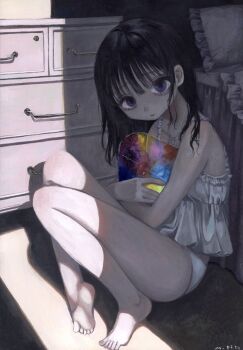 1girl bare_legs barefoot bed black_hair camisole commentary_request dark drawer eyelashes highres holding holding_paint_palette indoors looking_at_viewer monou_pico on_floor original paint_palette purple_eyes sitting solo white_camisole