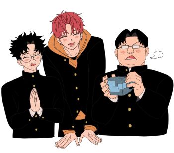 Rule 34 | 3boys, black hair, black jacket, blush, cropped torso, dandadan, earrings, enjoji jin, fat, fat man, furrowed brow, gakuran, glasses, gold buttons, hood, hood down, hoodie, jacket, jacket over hoodie, jewelry, male focus, multiple boys, open mouth, orange hoodie, own hands together, parted bangs, red hair, rotomem, round eyewear, sakata kinta, school uniform, short hair, smile, takakura ken (dandadan), white background