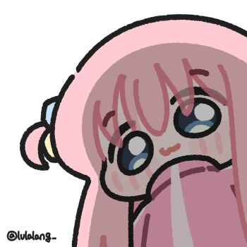 1girl artist_name blue_eyes blush_stickers bocchi_the_rock! chibi commentary cube_hair_ornament english_commentary from_below gotoh_hitori hair_ornament highres jacket looking_at_viewer lulalang one_side_up pink_jacket simple_background solo track_jacket twitter_username upper_body white_background